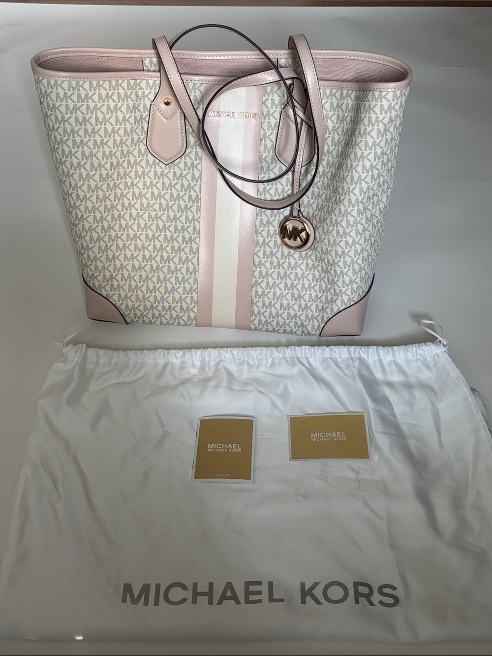 Michael Kors Cream and Pink MK Logo Stripe Tote